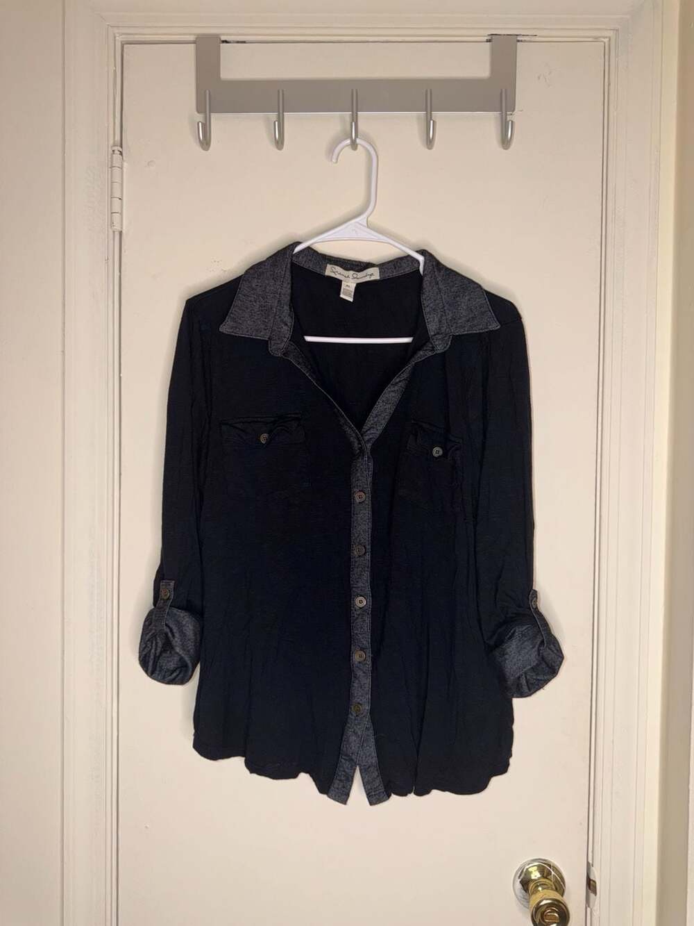 French Laundry Black Long Sleeve Button Down Shirt with Denim Trim